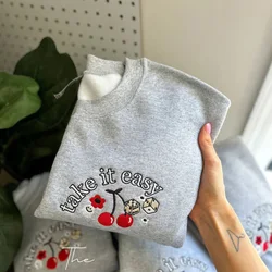 Take it Easy Cute Cherry Embroidered Gray Crewneck Sweatshirts Female Autumn Long Sleeve Loose Pullover Thick Fleece Jumpers