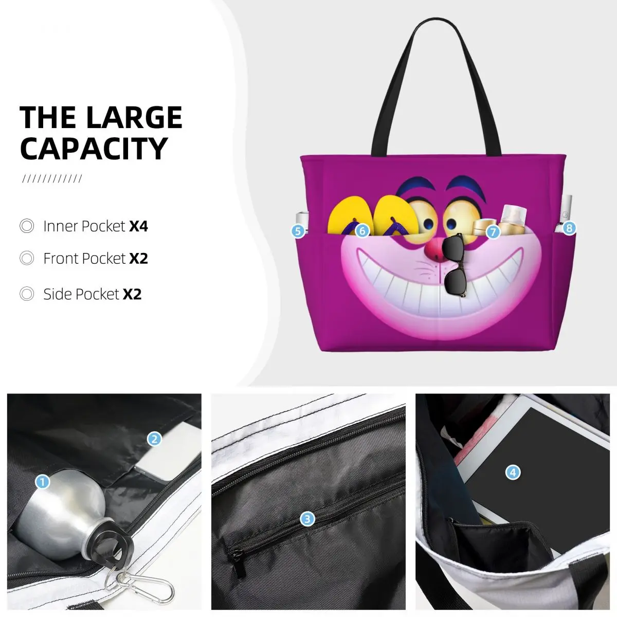 Custom Smiling Cheshire Cat Beach Tote Bag Women Alice In Wonderland Big Compartment Beach Gym Travel Bags