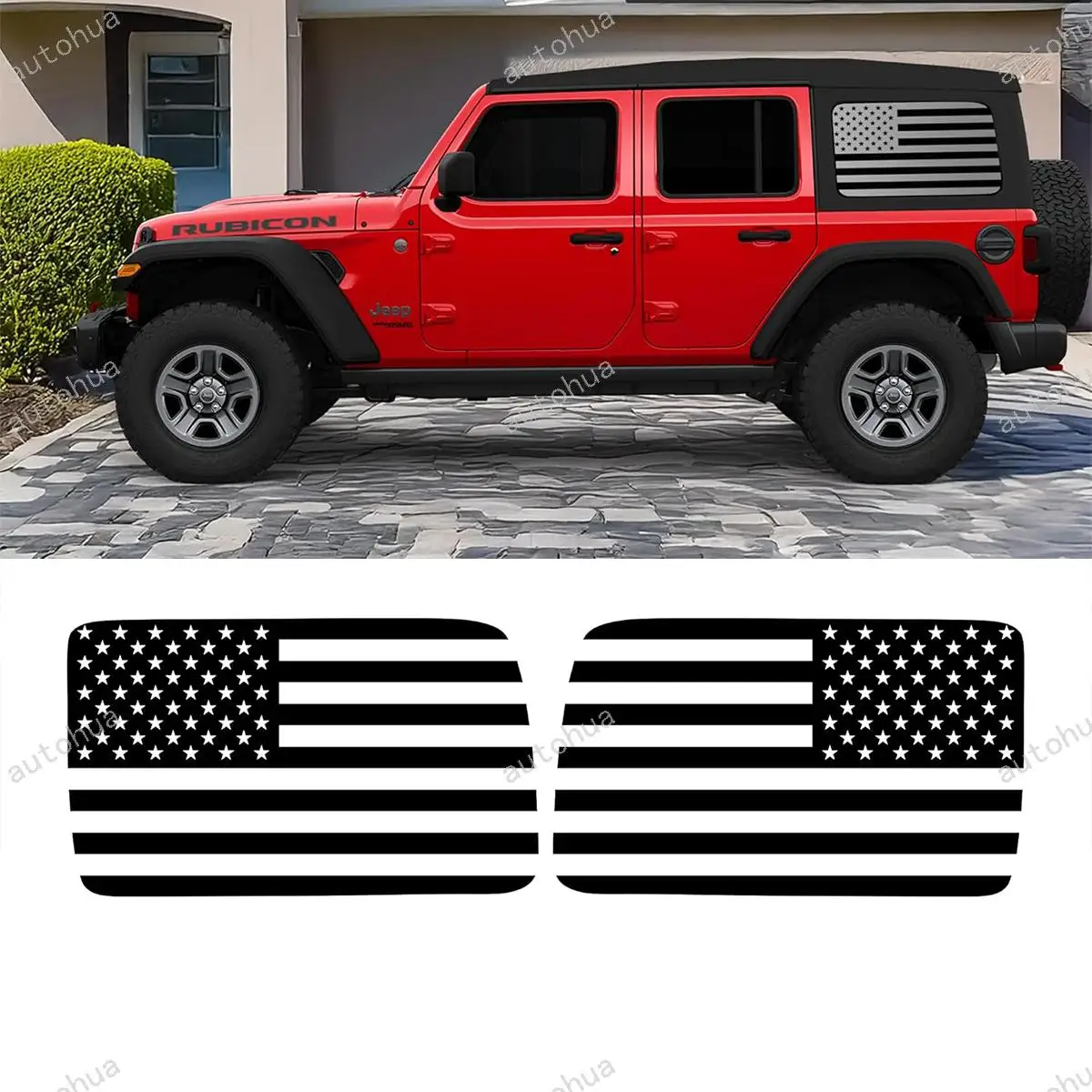 

Precut American Flag Rear Side Quarter Window Decals For Jeep Wrangler JLU 2018-2025, Matte Black 2Pcs