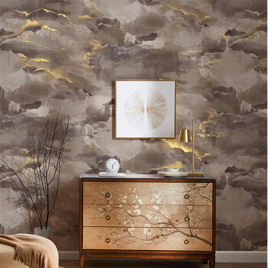 New Chinese style gilded auspicious clouds, golden ink landscape painting wallpaper, living room, bedroom background wall papers