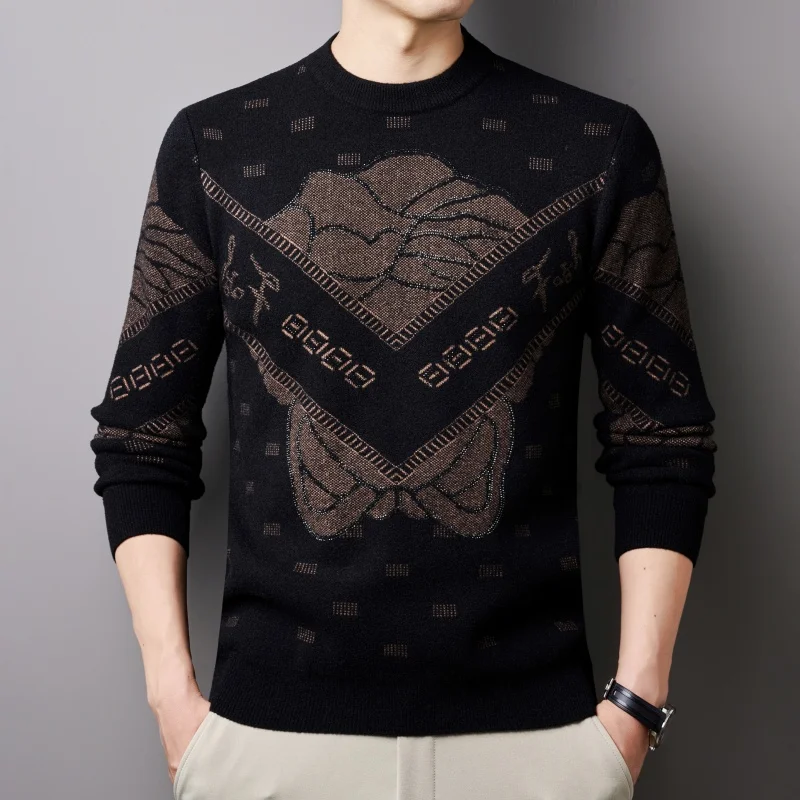 Men's Designer Jacquard Knit Sweater Crew Neck Long Sleeve Vintage Ethnic Pattern Warm Autumn Winter Casual Pullover Men's Wear