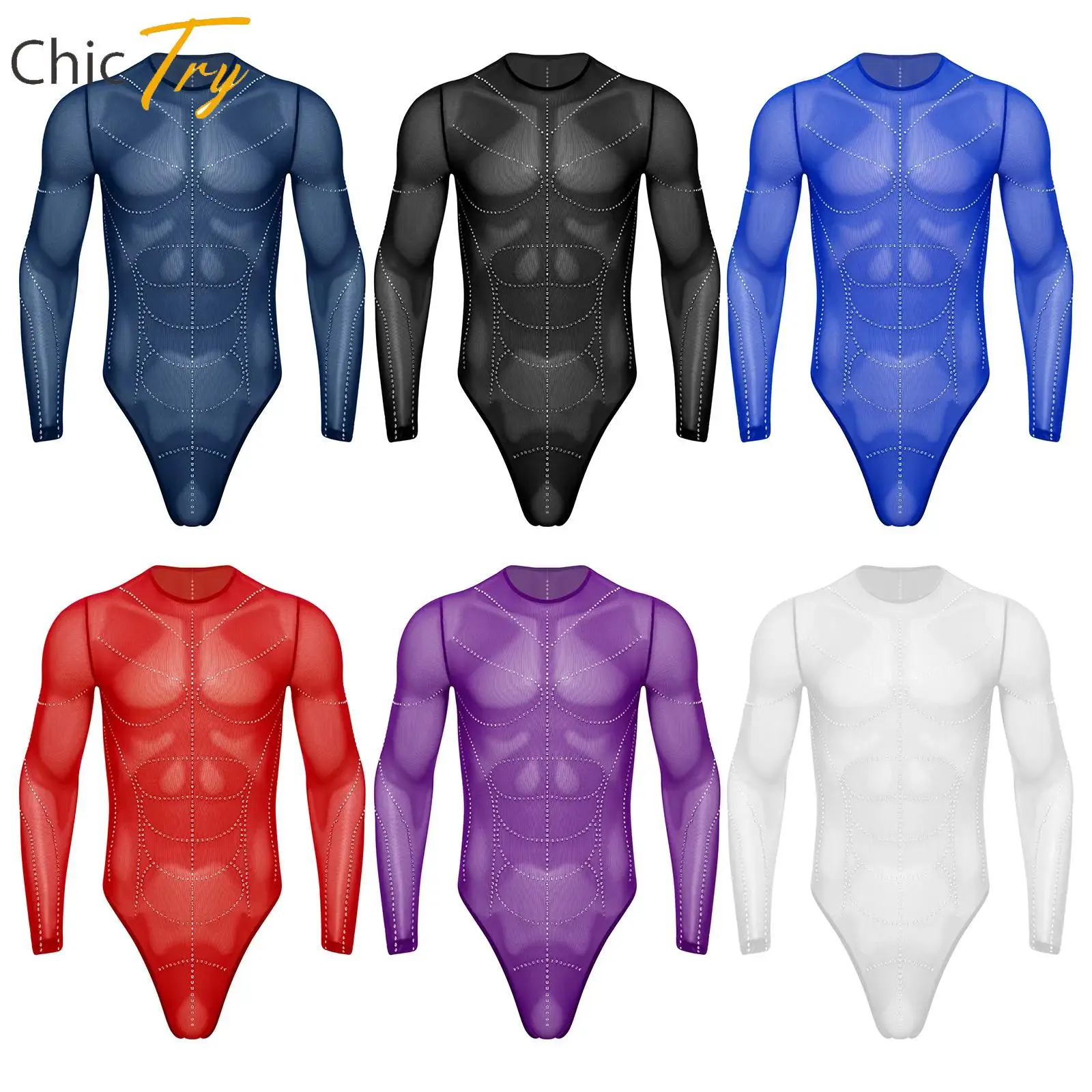 

Mens Sheer Mesh Bodysuit Man Gymnastics Leotards Long Sleeve T-back Rhinestone Jumpsuit for Latin Tango Rumba Dance Body Showing