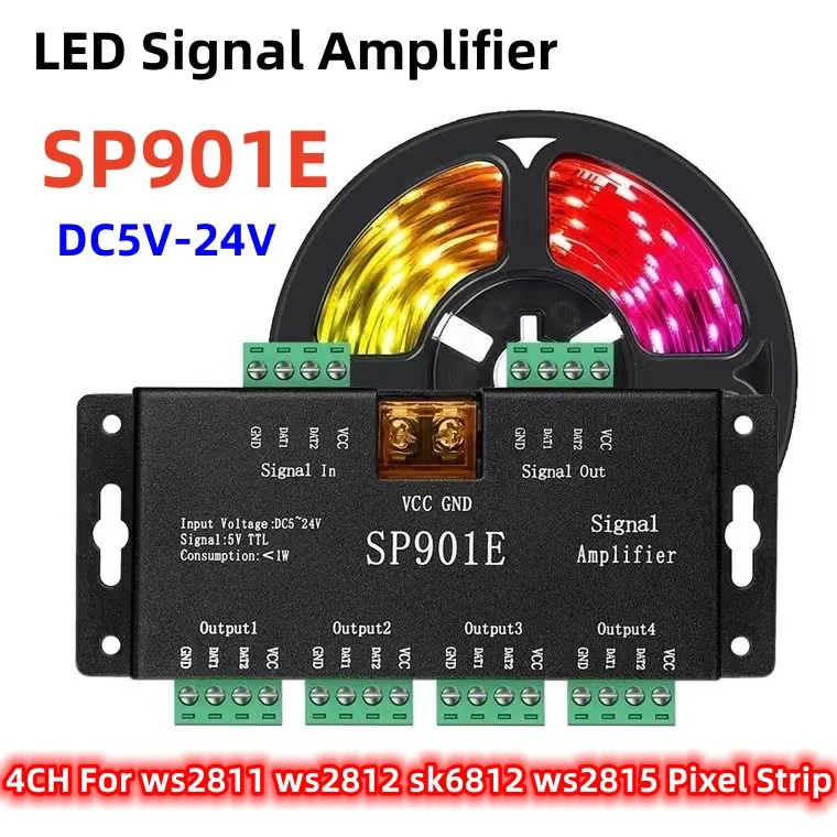 DC5V-24V SPI Signal Amplifier SP901E 4CH Group Amplifier for WS2812B WS2811 WS2815 6812 Addressable LED Pixel Strip Module Light