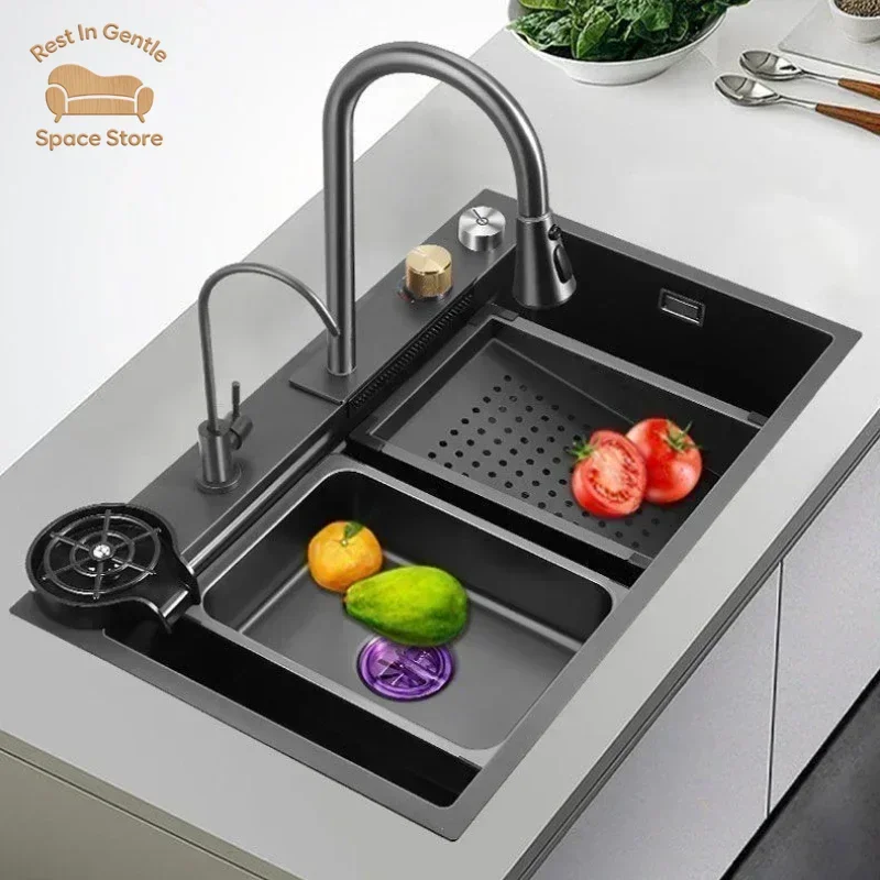 Kitchen Sink 304 Stainless Steel Household Multi-functional Nano Kitchen Waterfall Sink Vegetable Basin Large Single Accessories