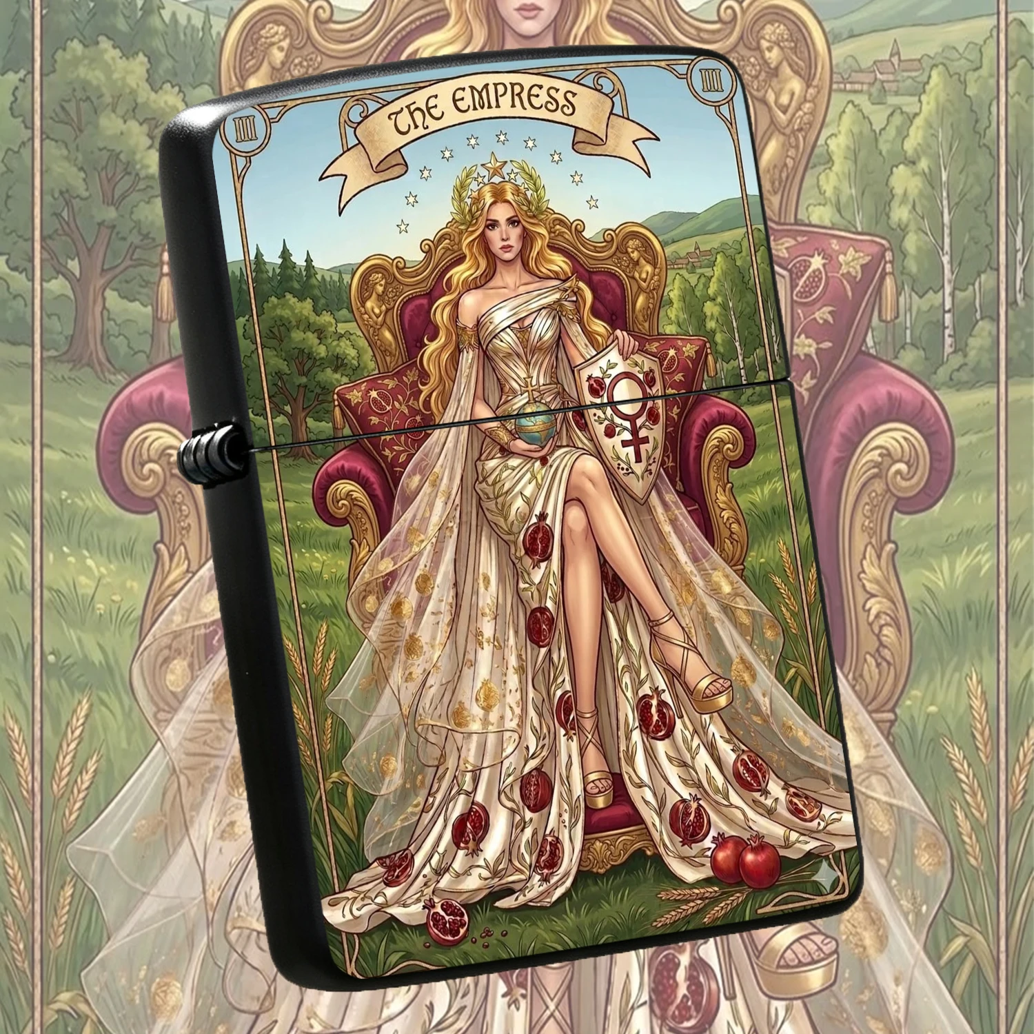 Vintage Tarot The Empress Patterned Lighter, Art Nouveau Style Decorative Pocket Igniter, Multi-Scenario Usable Elegant Accessory, Unique Aesthetic Collectible Gift For Tarot Lovers, Daily Carry Chic Ornament For All Occasions A Humorous An
