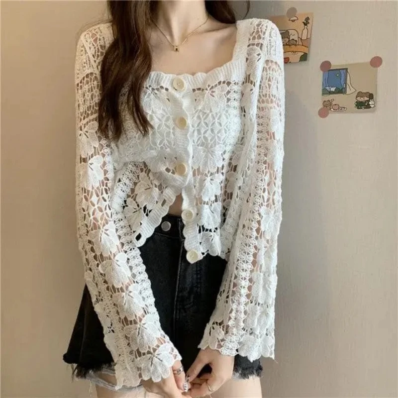 

Pure Cotton Hollow Knitted Sweater Women's Summer Lazy Style Loose Thin Long Sleeve Sunscreen Top Outer Short Cardigan