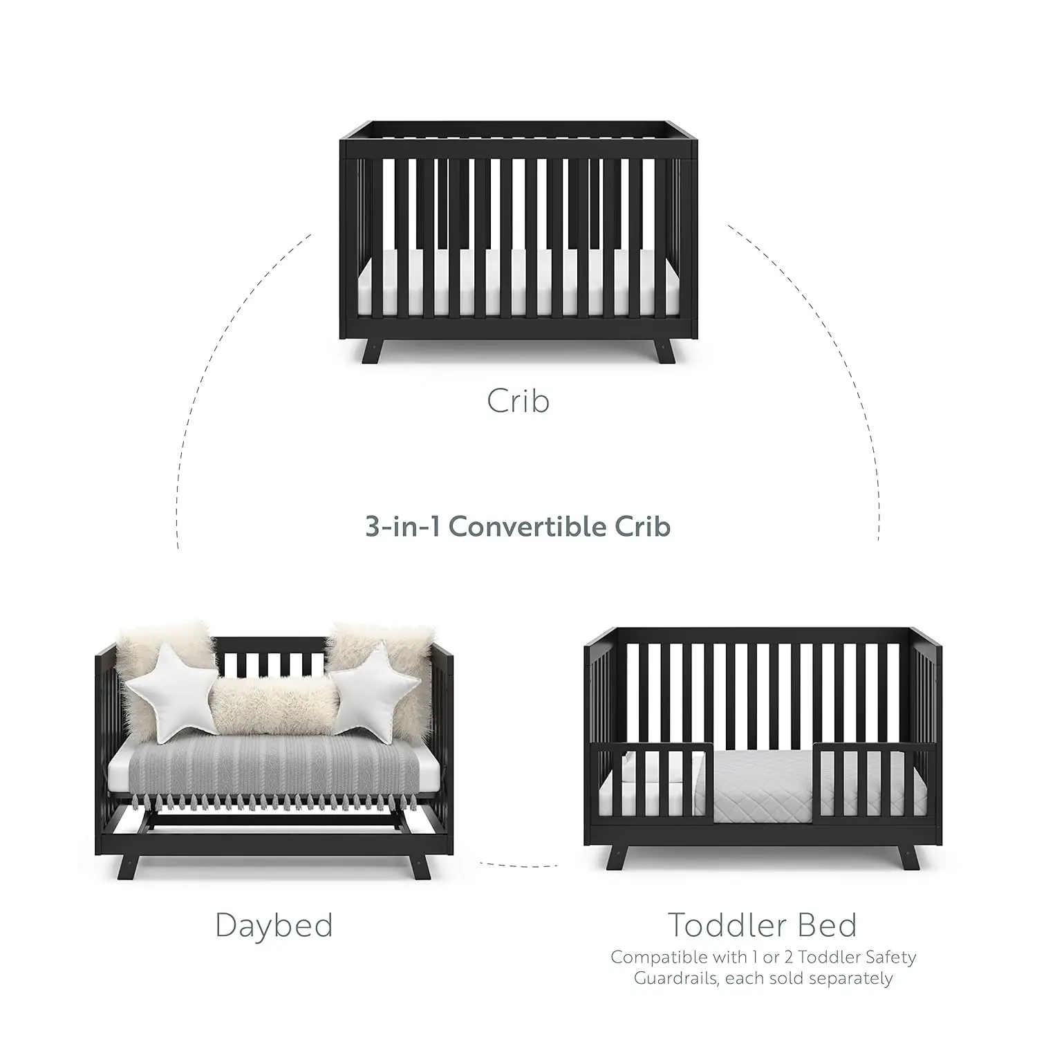 Berceau convertible Beckett (negro) – Convierte desde el cuna hasta la cama y el sofá cama de los niños pequeños,