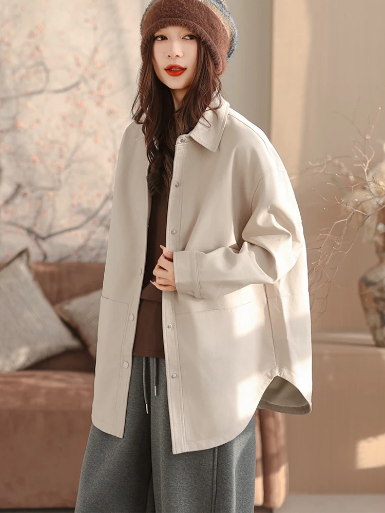 Amax LuluE 2026 春 レディース 韓国ファッション フェイクレザーコート ルーズ ヴィンテージ PUジャケット レディース カジュアル クラシック バイカージャケット アウターウェア