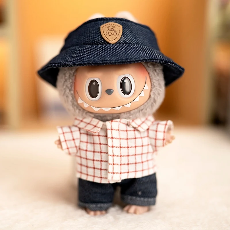 17cm Hot Labubu Doll Clothes Fashion Clothes Hat Plaid Shirt Jeans For 17cm Doll Clothes Dolls Accessories Three-piece Set Gift