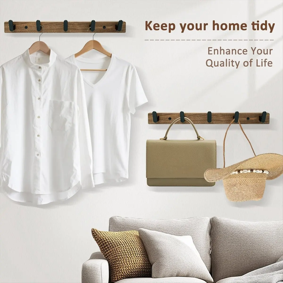 forfor Coat Hooks Wall Mount,Walnut Wall Mounted Coat Rack with 5 Aluminum Hooks for Entryway, Bathroom, Bedroom