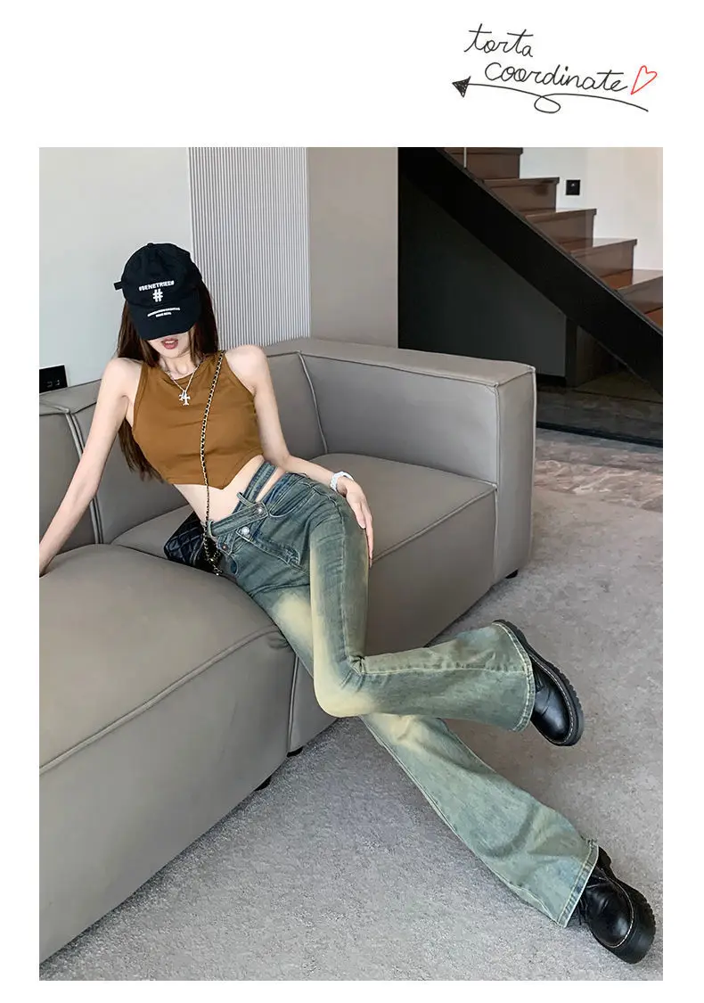 

Винтажные джинсы Y2K с перекрестной передней частью, женские расклешенные эластичные брюки с низкой талией, летние тонкие сексуальные брюки