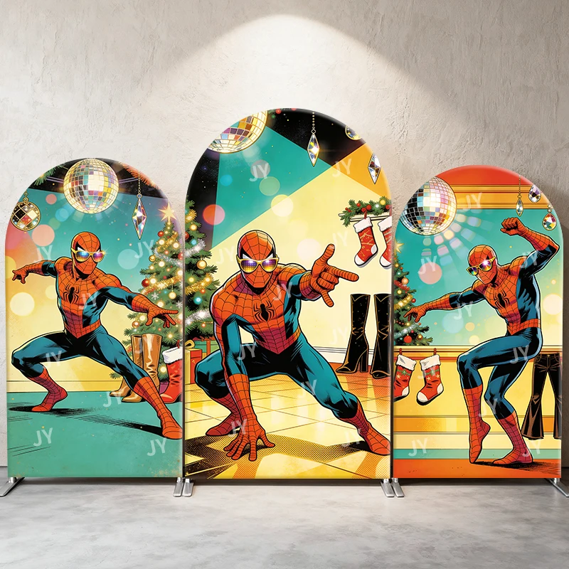 

Spiderman Disco Christmas Party Arch Backdrop Cover Retro Vibrant Scene For Kids Birthday Baby Shower Photo Booth Background