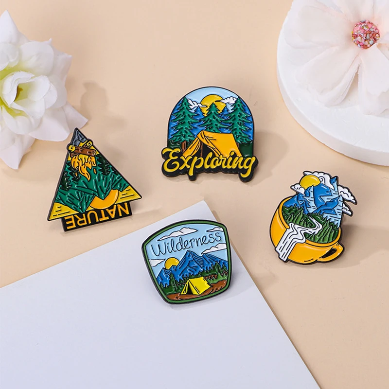 Nature Exploring Enamel Pins Creative Outdoor Camping Lapel Badges Wilderness Bonfire Mountains River Brooch Jewelry Gifts