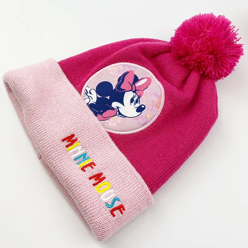 Disney Hat Scarf Gloves Three-piece Kawaii Cartoon Mickey Minnie Autumn Winter Children Knitted Warm Suit Cute Anime Kids Gifts