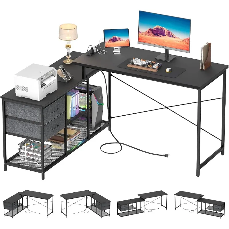 

Reversible L Shaped Desk with Power Outlet, Corner Computer Desk with Drawers and Storage Shelves