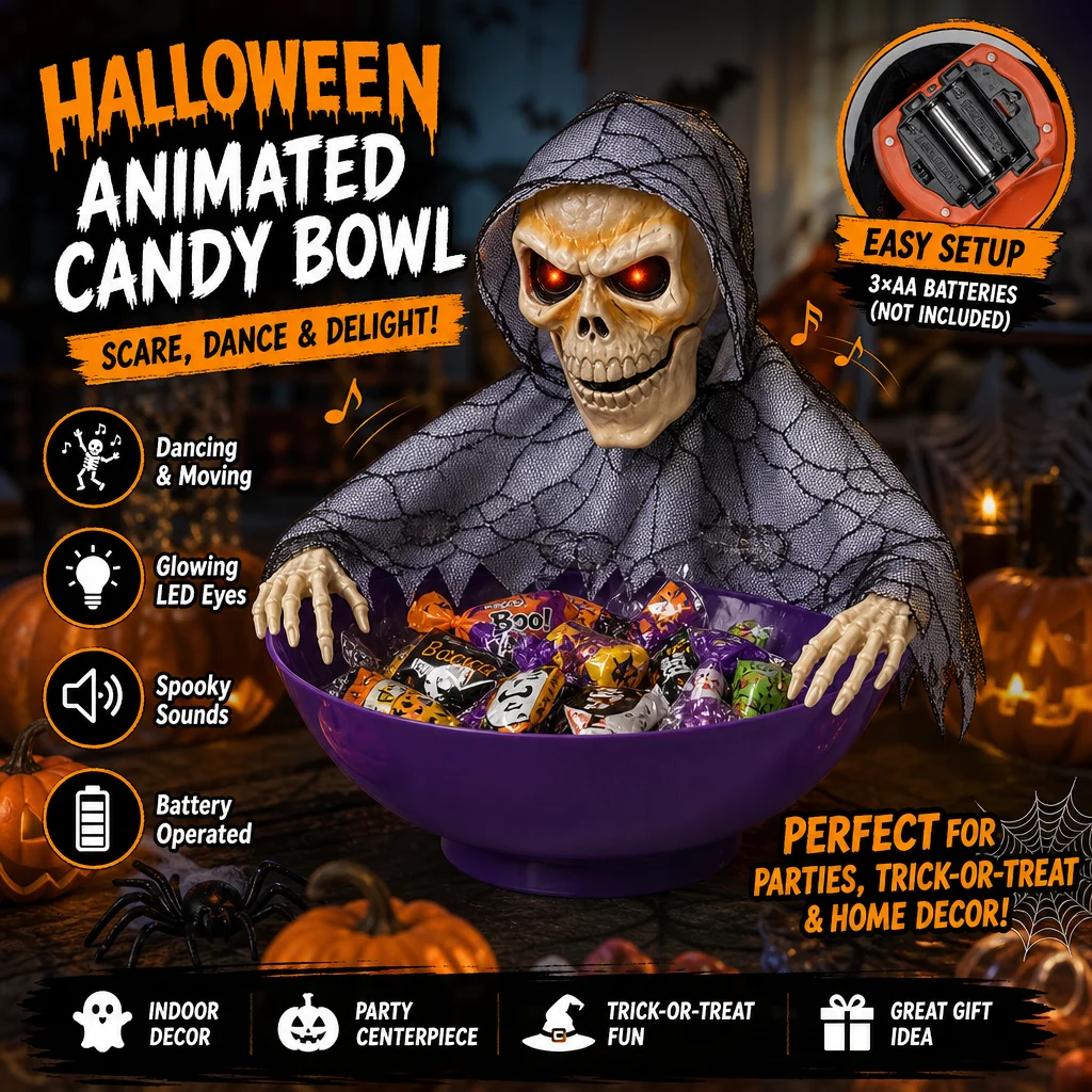 Halloween Electric Skull Fruit Bowl Candy Tray Light Up Shaking Skeleton Head Treat Holder Haunted House Party Table Decor Prop