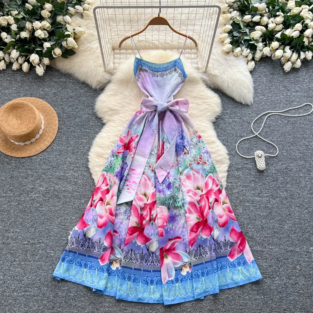 

Clothland Women Elegant Floral Print Cami Dress Spaghetti Straps Sleeveless Backless Sashes Retro Midi Dresses Mujer QE127
