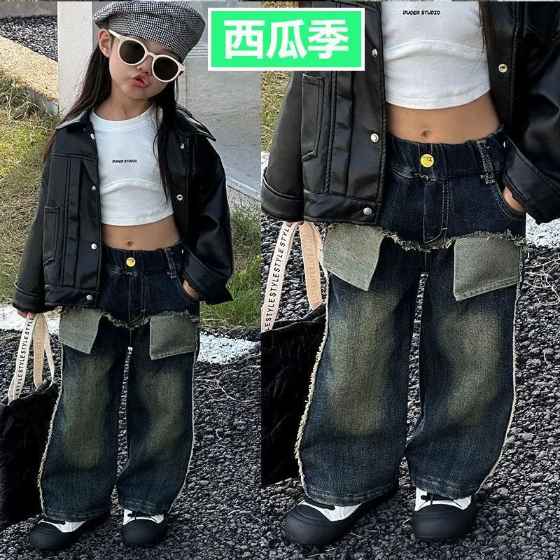 Fashion Patchwork Girl Jeans Baby Kids Jeans Girl Pants Layered Design Wide Leg Pants Harem Trousers Clothes Bottoms 2-7 Years