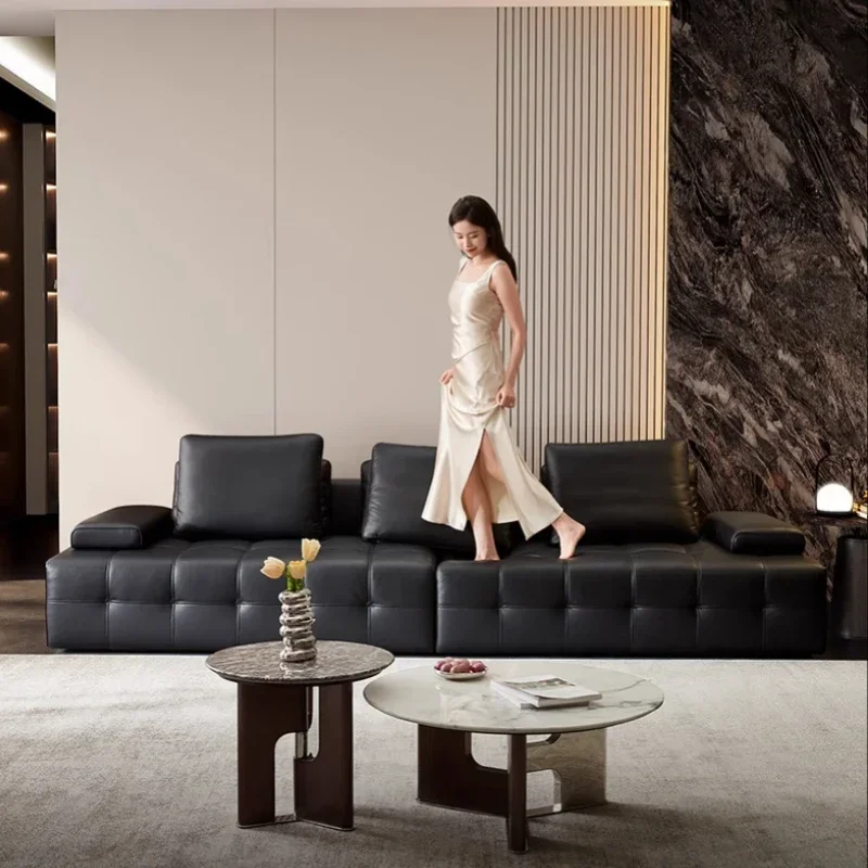 

Modern Luxury 3seats Italian Minimalist Living Room Furniture Retro Lawrence Big Black Cow Leather Sofa L Shaped Lazy Minimalist