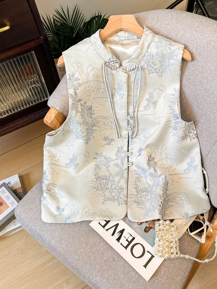 

New Chinese Sle Embroidered Jaet Vest Women Summer High-End Feelings Retro Button Tassel Collar Vest Top Commute