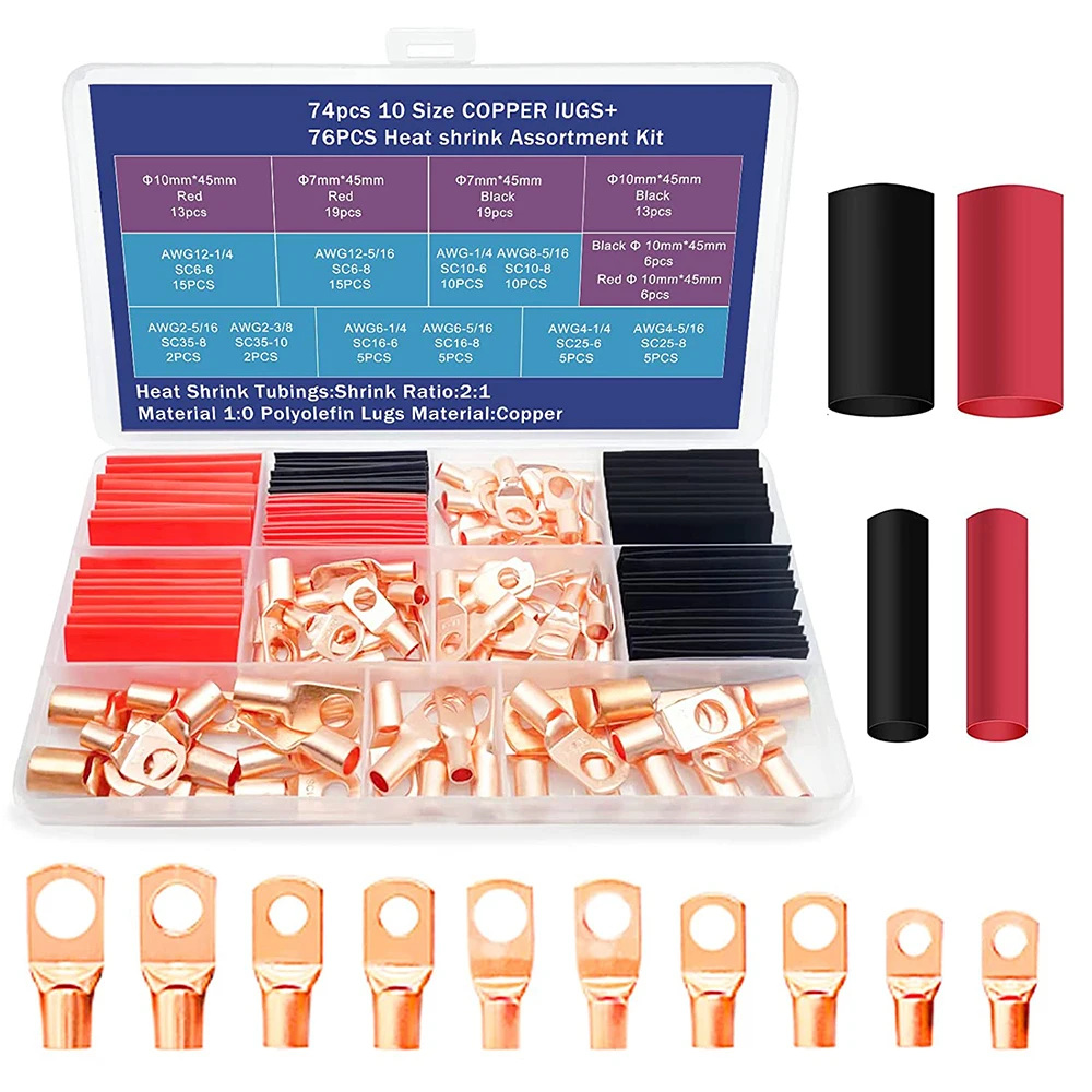 150pcs Awg 2 4 6 8 10 copper wire connector, with heat shrink kit, ring terminal, heavy cable battery terminal connector