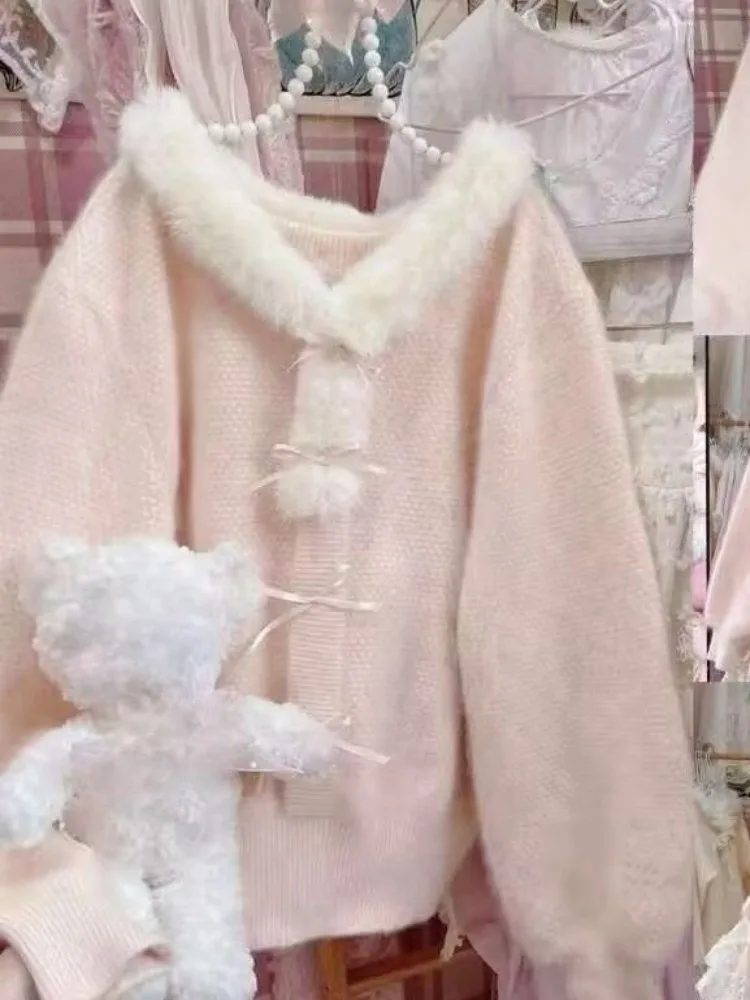 

Japanese Sweet Atmosphere Coat Women Soft Gentle Aesthetic Teddy Collar Knit Fake Cardigan Chic Casual Outerwear Autumn 2025 New