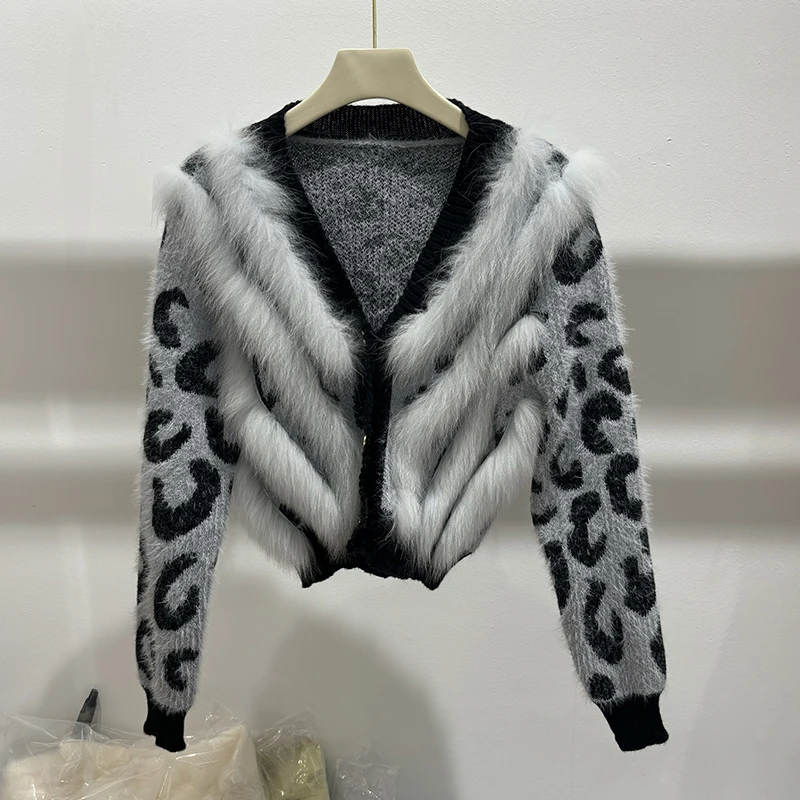2025 المرأة ليوبارد نمط الطبيعية الثعلب الفراء خارج الديكور الفتاة الخريف سترة محبوك معطف طويل الأكمام