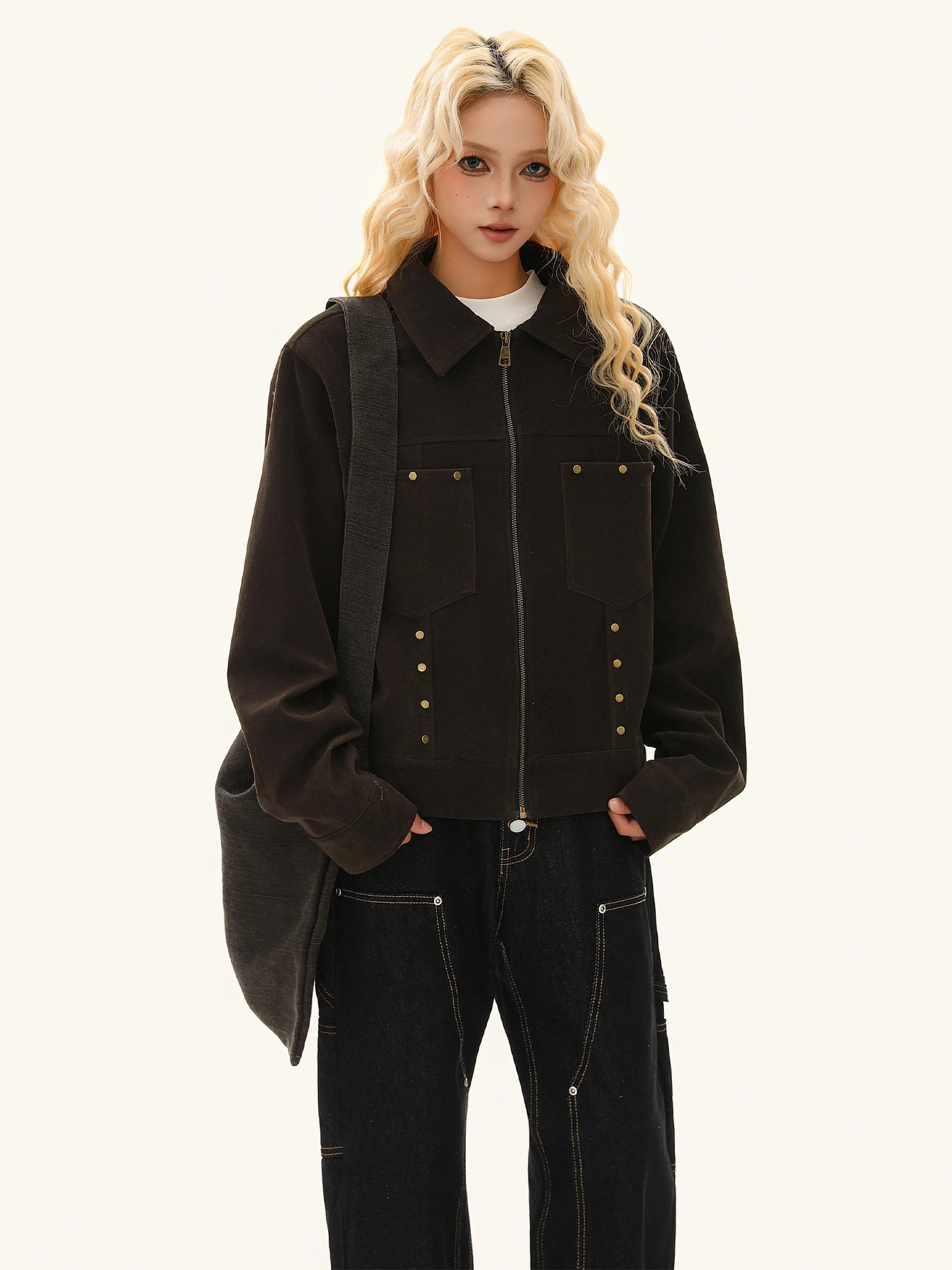 

Retro American Suede Rivet Motorcycle Jaet ort Sle Men's Casual Faion Youth up Daily Wear Couples Coat