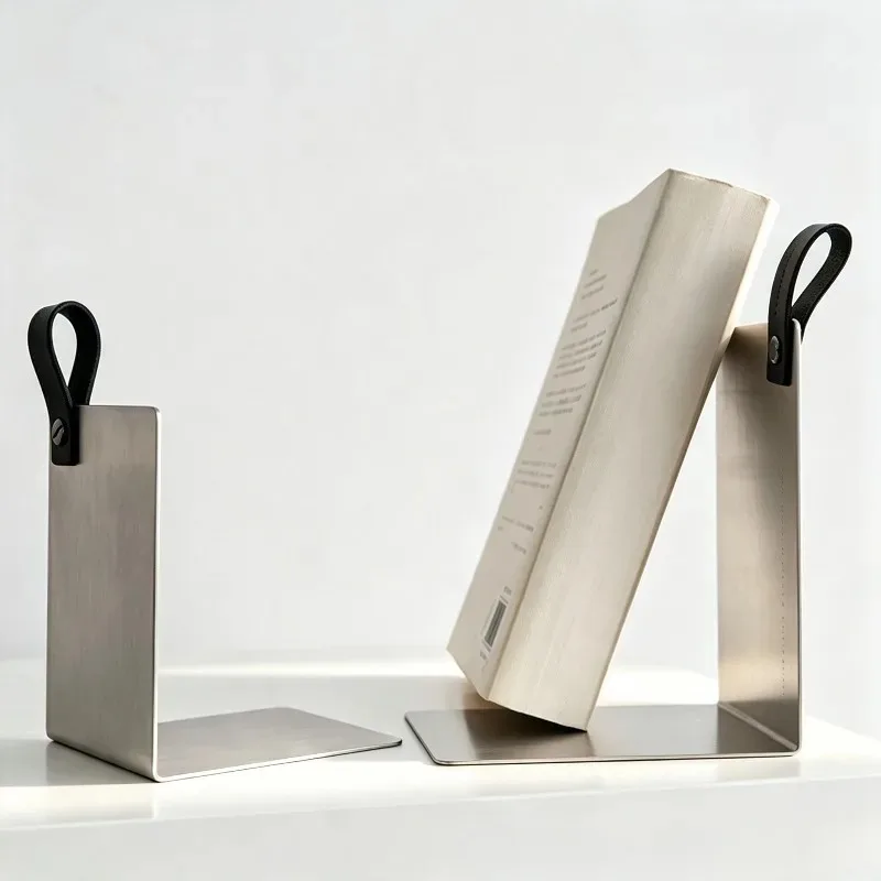 Stainless Steel Magazine Racks Desktop Bookends Leather Handle Books Stopper Portable Books Organizer for Office Home Decor