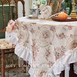 Retro Rose Tablecloth Elegant Pastoral Cotton Linen Floral Coffeetable Tablecloth Dust Cover Cloth Home Decor Round Table Cloth