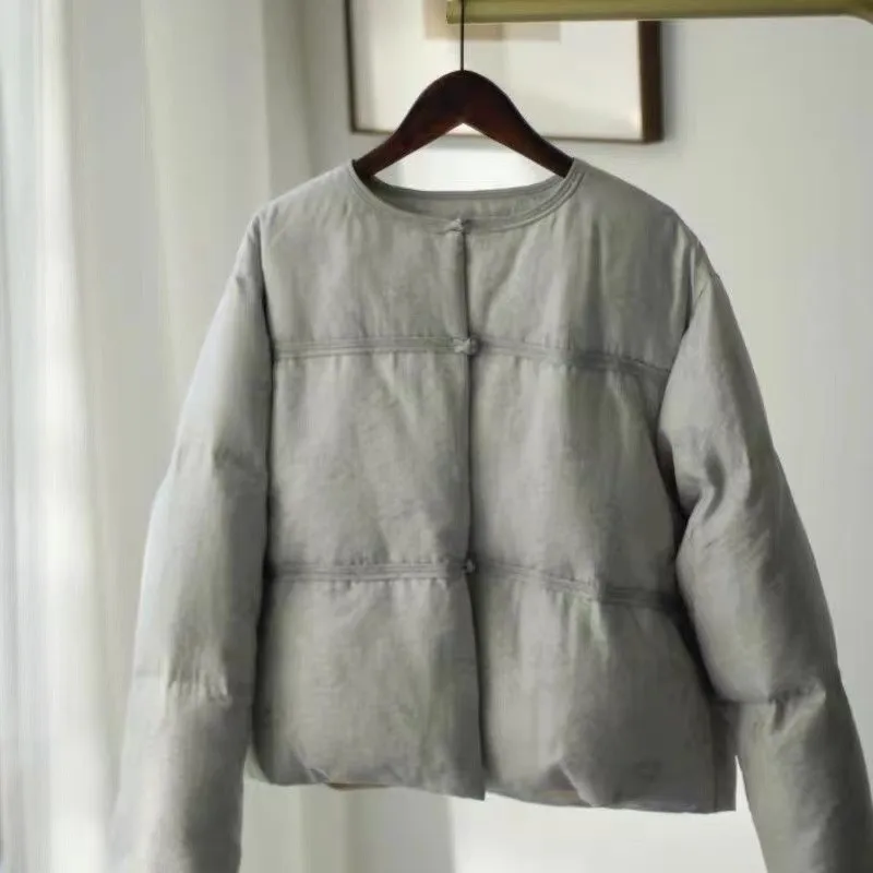 2025 nuevo abrigo corto de algodón grueso de invierno para mujer estilo chino de manga larga Casual cálido cuello redondo chaqueta acolchada prendas de vestir