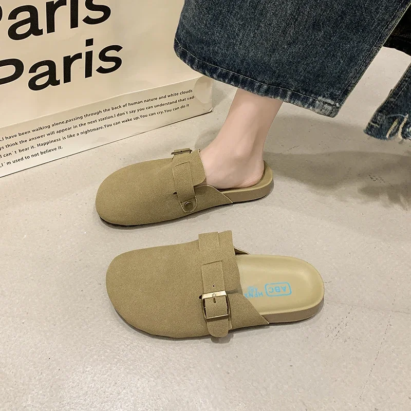 Women\'S Closed Toe Slippers Cow Suede Leather Clogs Woman Sandals Retro Fashion Garden Mule Clog Slide Casual Shoes Female