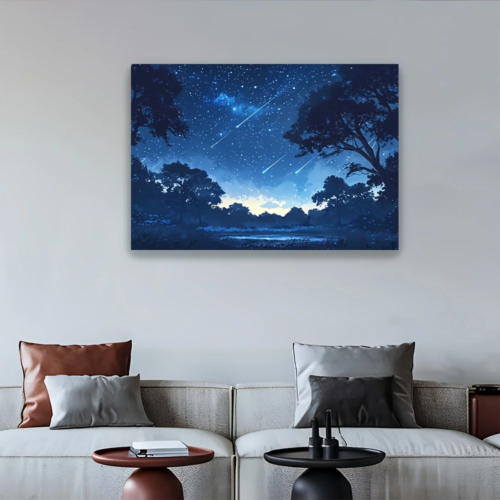 Aesthetic Galaxy Night Sky Canvas Art Cosmic Stars Shooting Stars Forest Landscape Wall Decor Poster Tapestry Blue Home Room Dec