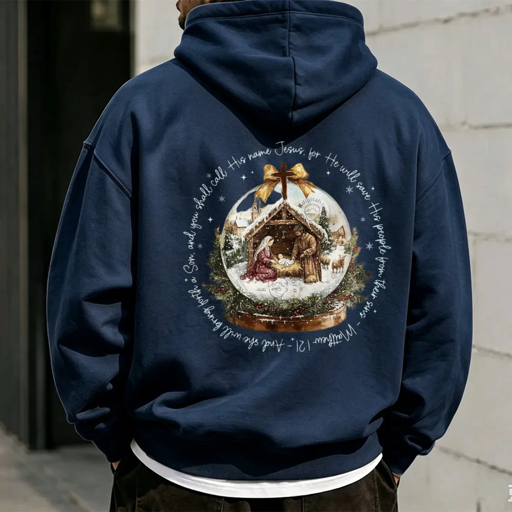 Christmas Hoodie Vintage Nativity Snow Globe Hoodies Jesus Matthew 1 21 Bible Verse Christian Cozy Double Rint Unisex Pullover