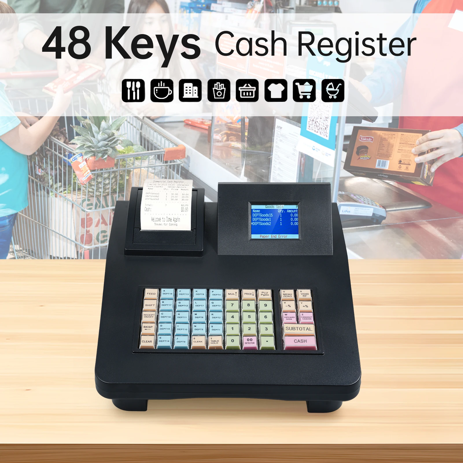 【Sale】48 Keys Electronic Cash Register with Dual Screen Display Simple Program 58mm Thermal Printer Support RS232/USB