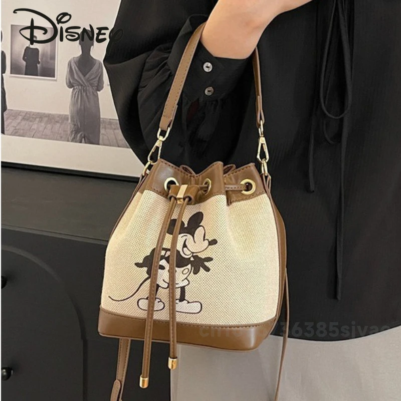 Disney Mickey 2024 New Women\'s Bucket Bag Fashionable High Quality Canvas Women\'s Bag Cartoon Casual Women\'s Crossbody Handbag