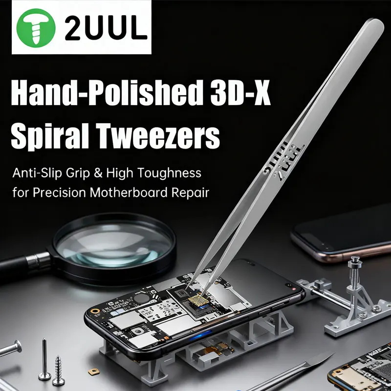 

2UUL TW02 Hand-Polished 3D-X Spiral Anti-Slip Tweezers, High Toughness for Precision Motherboard Repair Tool