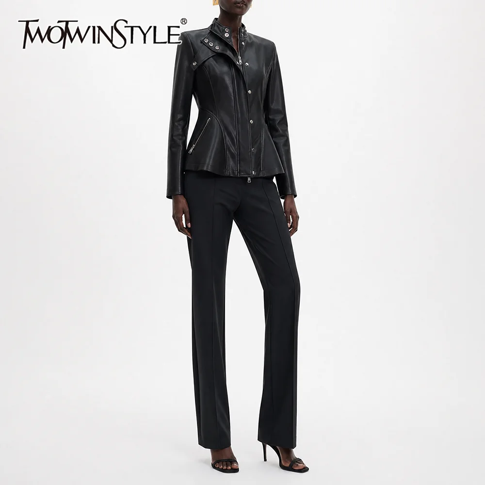 TWOTWINSTYLE Chic Faux Leather Peplum Jacket for Women Stand Collar Zipper Button Long Sleeve Slim Flared Hem Biker Outerwear