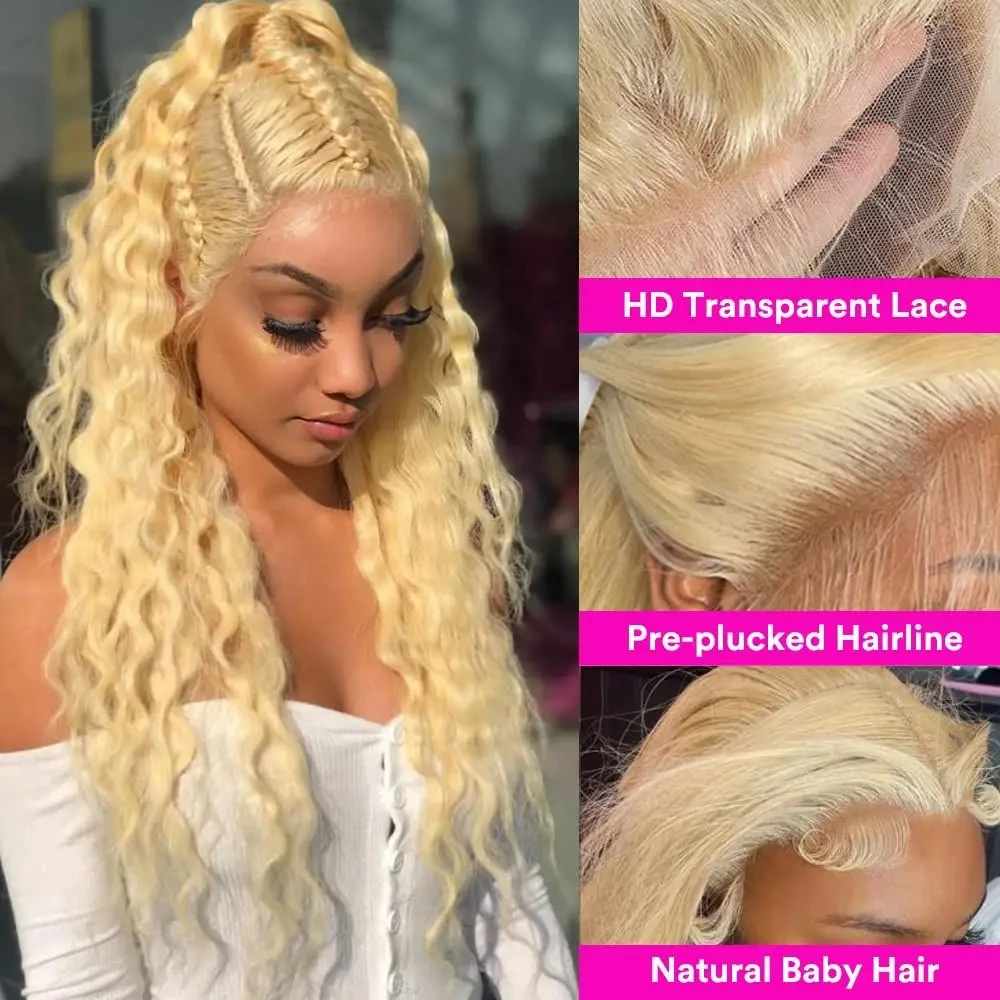 Perruque Lace Front Wig Deep Wave Brésilienne Naturelle, Cheveux Bouclés, Couleur Blond 250%, 13x4, 13x6, 613