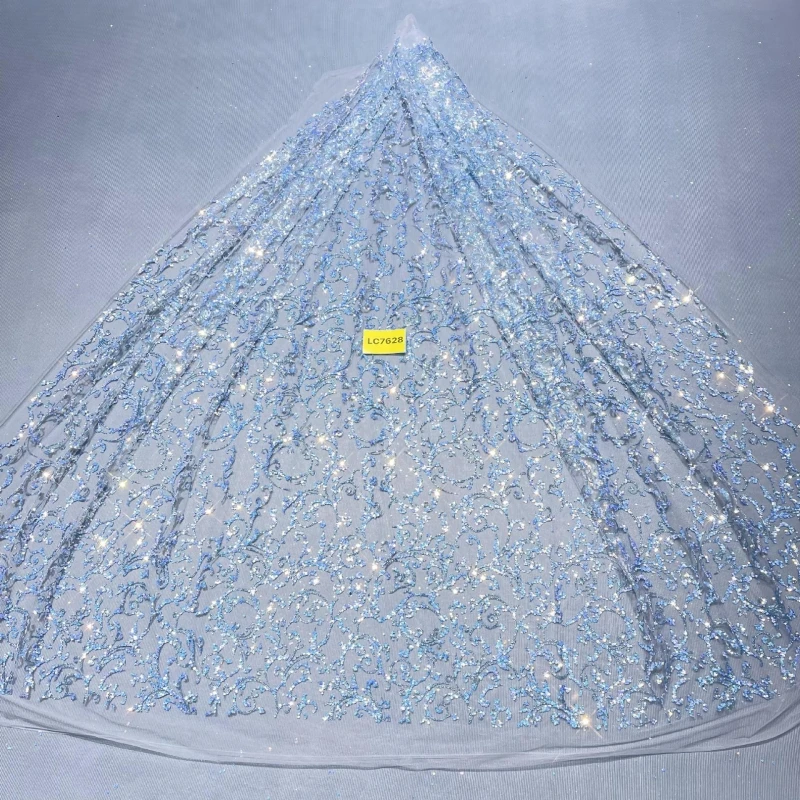 

10 Yards Blue Fadhion Design Africa Glitter Fabric Embroidery Net Lace With Glued Glitter Sequins Wedding Or Party Dress