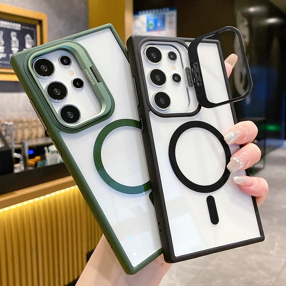 Luxury Magnetic Shockproof Phone Case For Samsung Galaxy S25 S24 S 25 Ultra Plus S25Ultra Stand Glass Lens Protection Back Cover