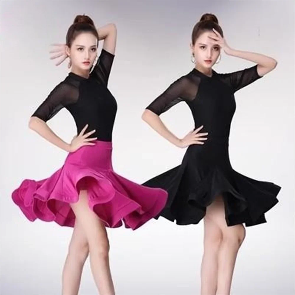 New purple Latin dance fishbone skirt Women's modern dance large swing skirts ice silk fabric stage performance clothing