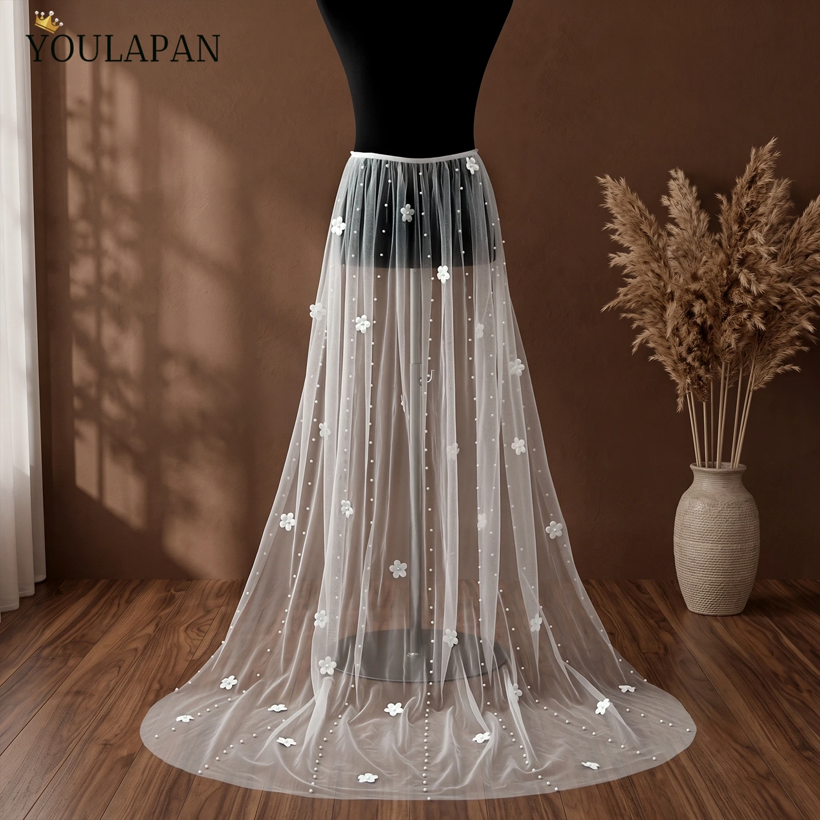 YouLaPan Detachable Wedding Tulle Overskirt Falda De Novia 3D Flower Pearl Beaded Long Bridal Train Skirt VB16