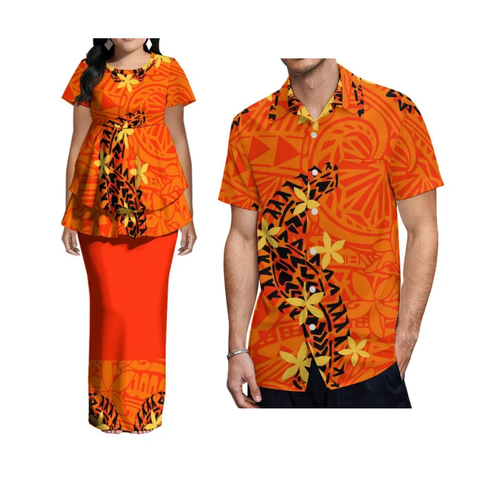 Floral Print Custom-Made Wholesale Polynesian Short-Sleeved Double-Pleated Hem Skirt For Ladies - Casual Couple Outfit Pattern