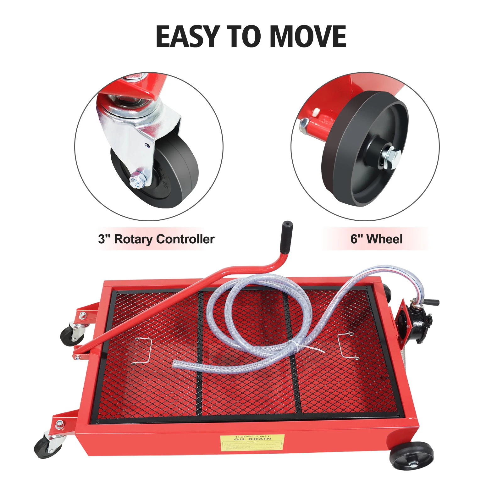 15 Gallon Large Capacity Oil Drain Pan, Low Profile Oil Drain Tank with Folding Handle Pump, Hose, Swivel Casters Wheels,Red