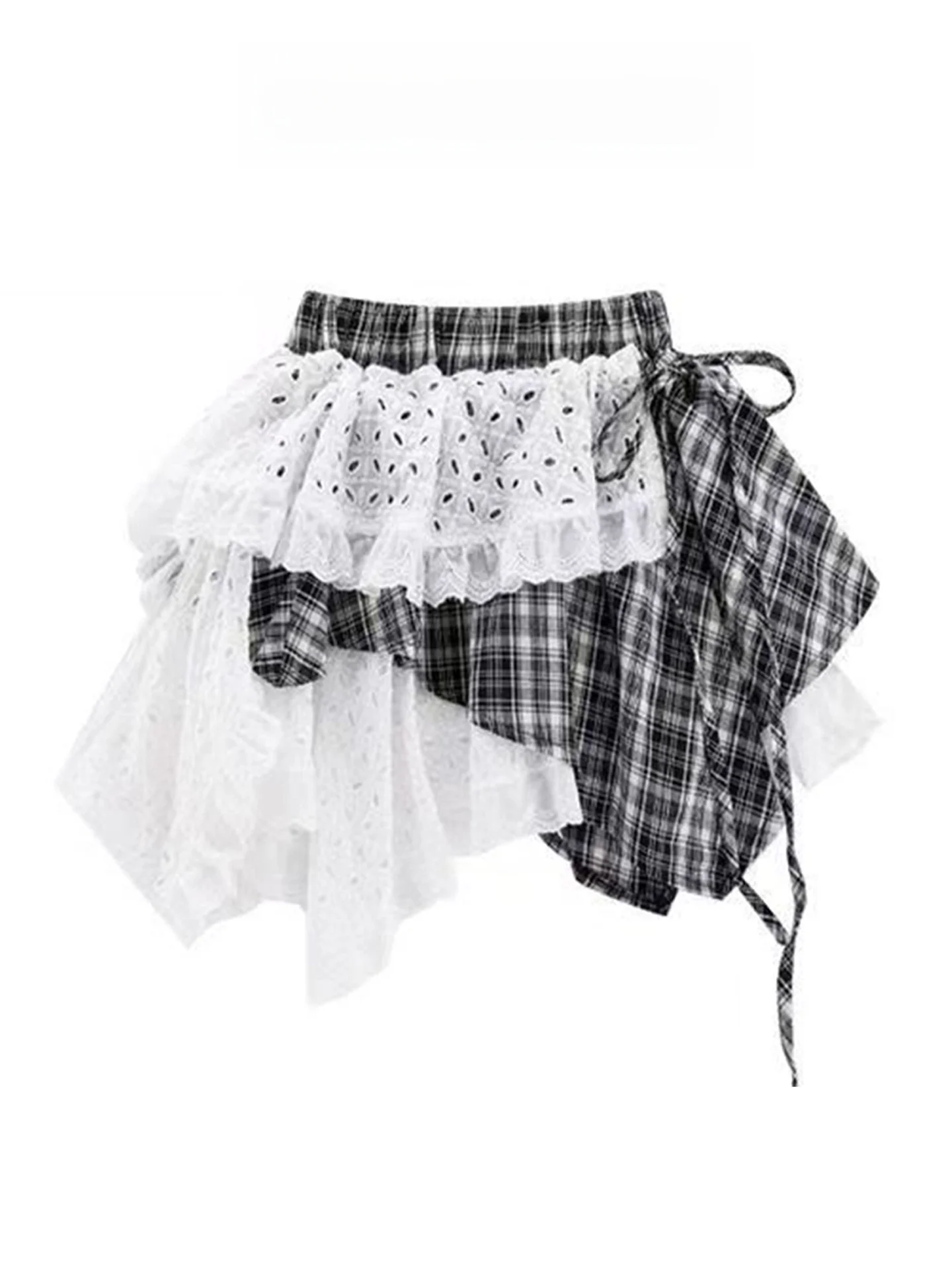 Ballet Style Irregular Plaid Cake Skirt Short Women's Spring Y2K Spicy Girl Design Lace Splicing Fluffy Half-length Skirt