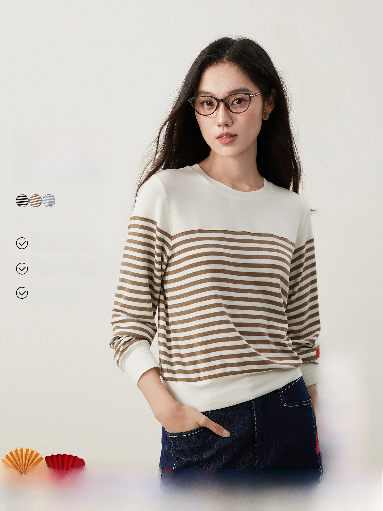 

Matte Wool Lyocell Base irt Versatile Striped T-irt Women's Faion Daily Wear Long Sve round Ne ort Length
