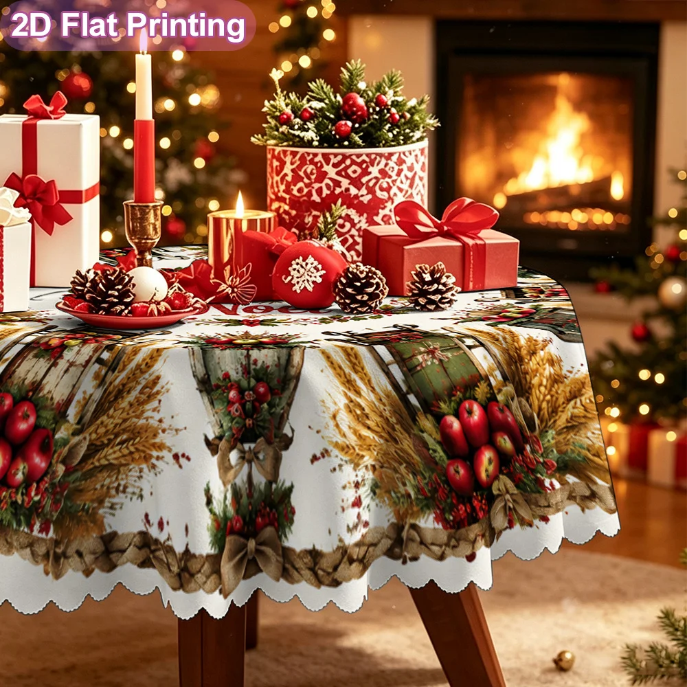 2D Flat Single Piece Barn Yard Festive Christmas Sleigh Strawberry Print Round Tablecloth - Festive Holiday Table Cover