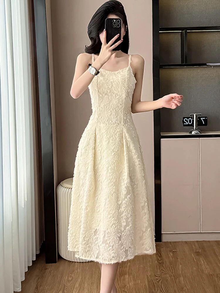 2025年夏ファッションレースジャカードシックなスリングセクシーロングドレス韓国エレガントラグジュアリーパーティーVestidos女性プリーツボディコンVestidos