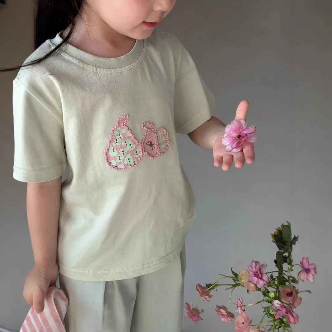 2026 Summer New Fashion Korean Style Girls Three-dimensional Crochet Embroidery T-shirt Kids Short-sleeved Baby Tops Boutique